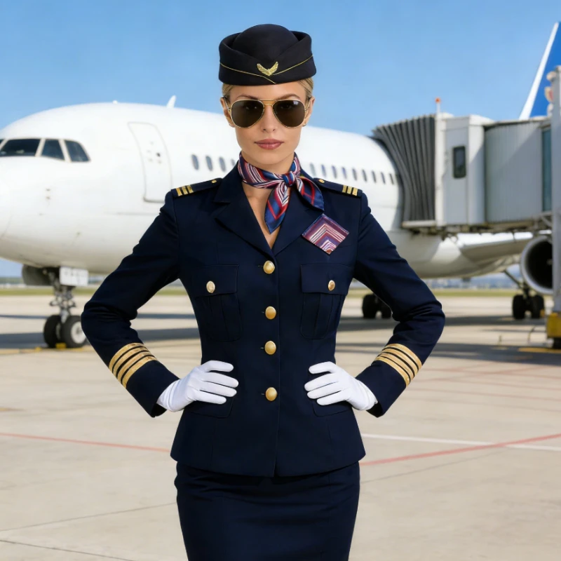 ชุดเครื่องแต่งกายแอร์โฮสเตสสไตล์วินเทจสุดหรู - ชุดแต่งกายสายการบินสุดคลาสสิกพร้อมหมวก ผ้าพันคอ แว่นกันแดด และถุงมือ