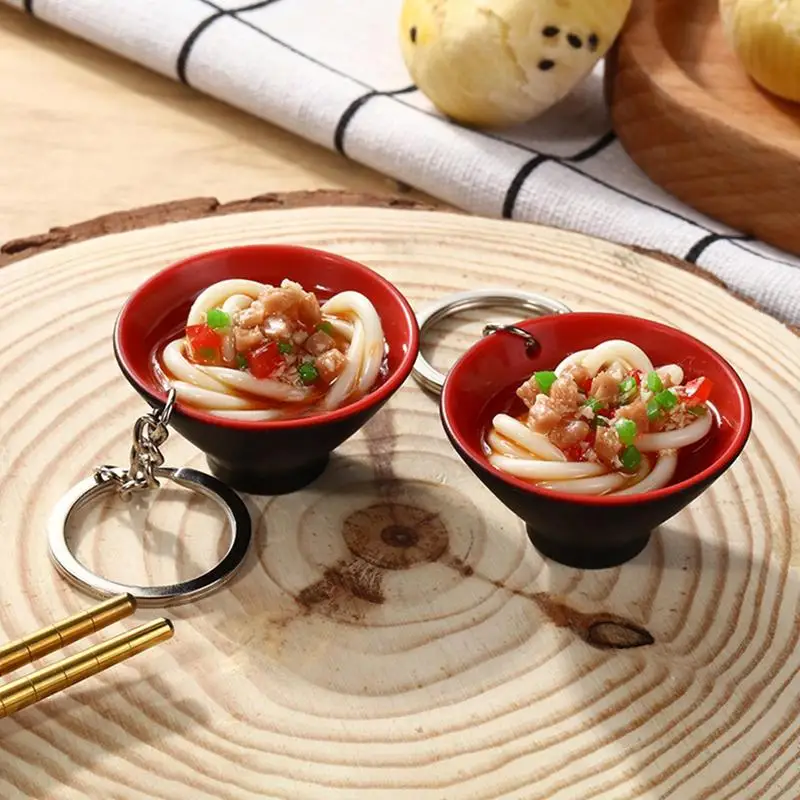 Creative Mini Simulation Food Keychain Cute Car Bag Keyring Noodles Chinese Blue White Porcelain Bowl Pendant Key Chain