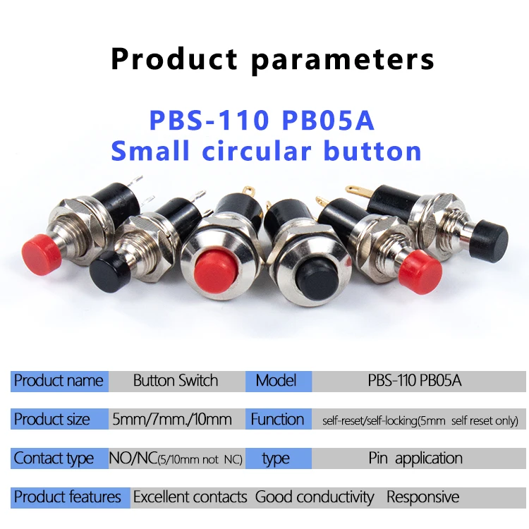 5mm 7mm 10mm PBS-110 PB05A Small Circular Metal Button Switch, Self Resetting, Self-locking, Inching Power Switch