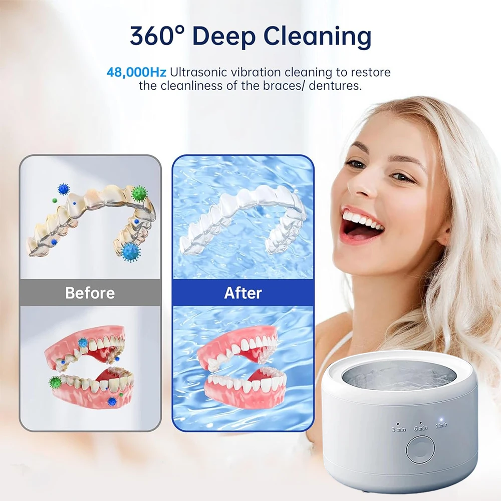 Portable Ultrasonic Retainer Cleaner Machine for Dentures Retainer Mouth Guard Aligner Whitening Trays Personal Oral Supplies