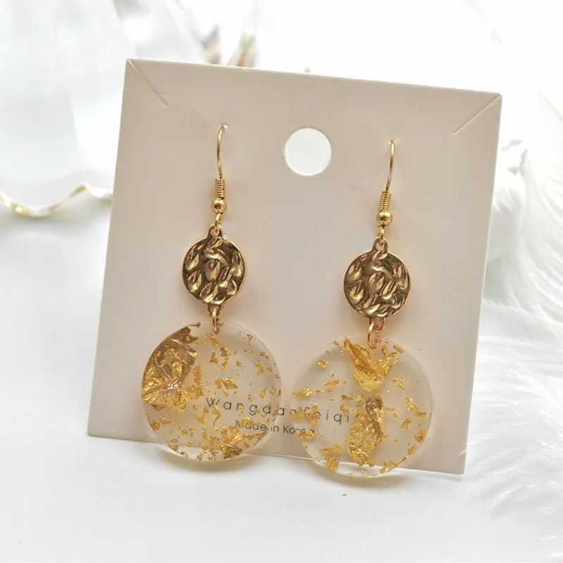 New Gold Color Round Bumpy Wafer Resin Goldleaf Pendant Dangle Earrings for Women Korean Elegant Temperament Jewelry Girl Gift