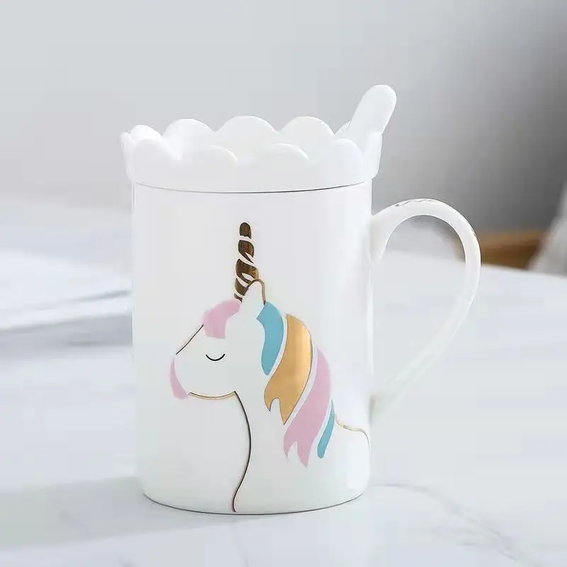 Ceramic Coffee Mug with Spoon Cover Lovely New Creative Cartoon Unicorn Crown Ceramic Cup Office Home Water Bottle Couple Gift