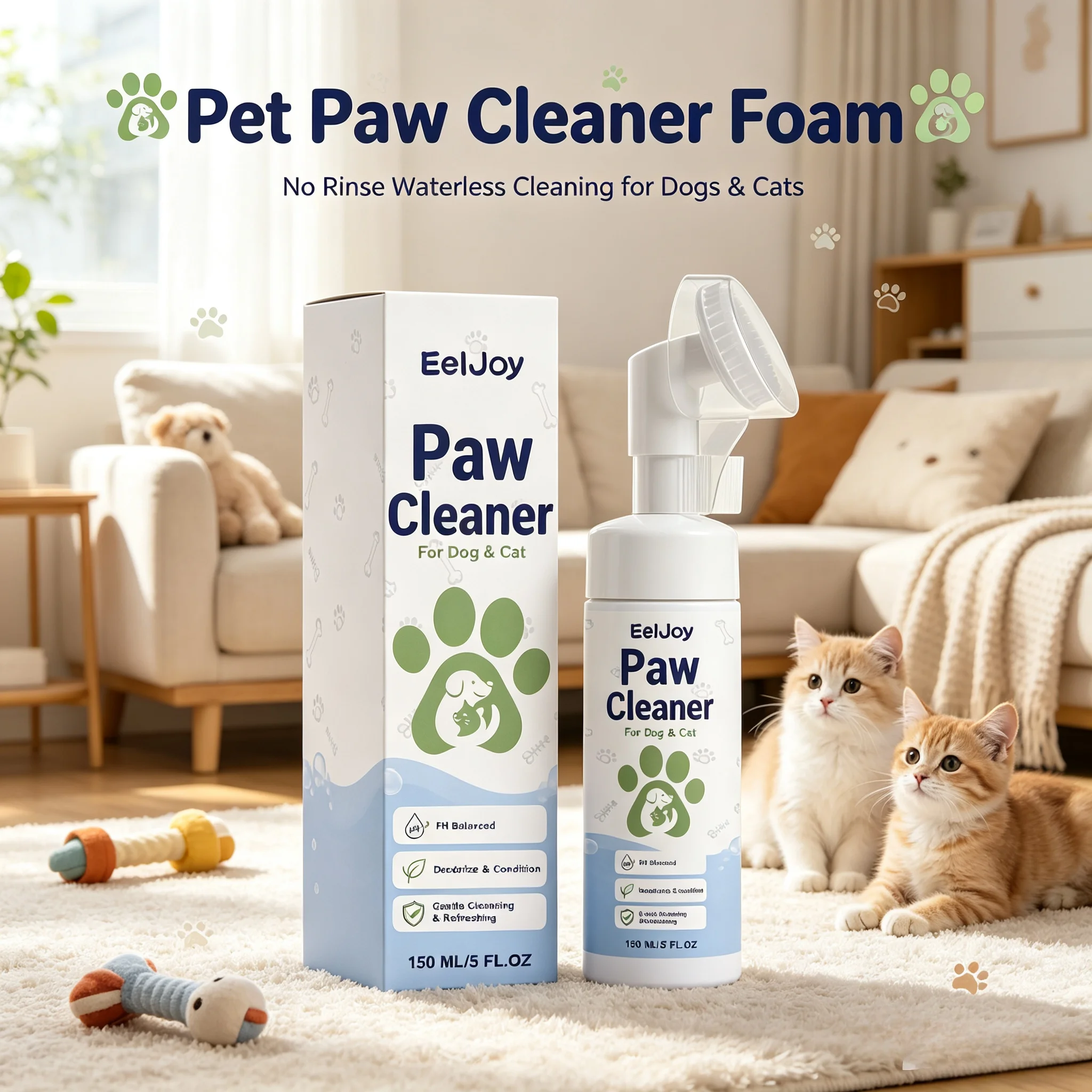 Mousse nettoyante pour pattes d'animaux sans rinçage avec brosse intégrée, désodorisante, hydratante, prévient les pattes sèches et gercées, nettoyant doux pour les pieds des animaux