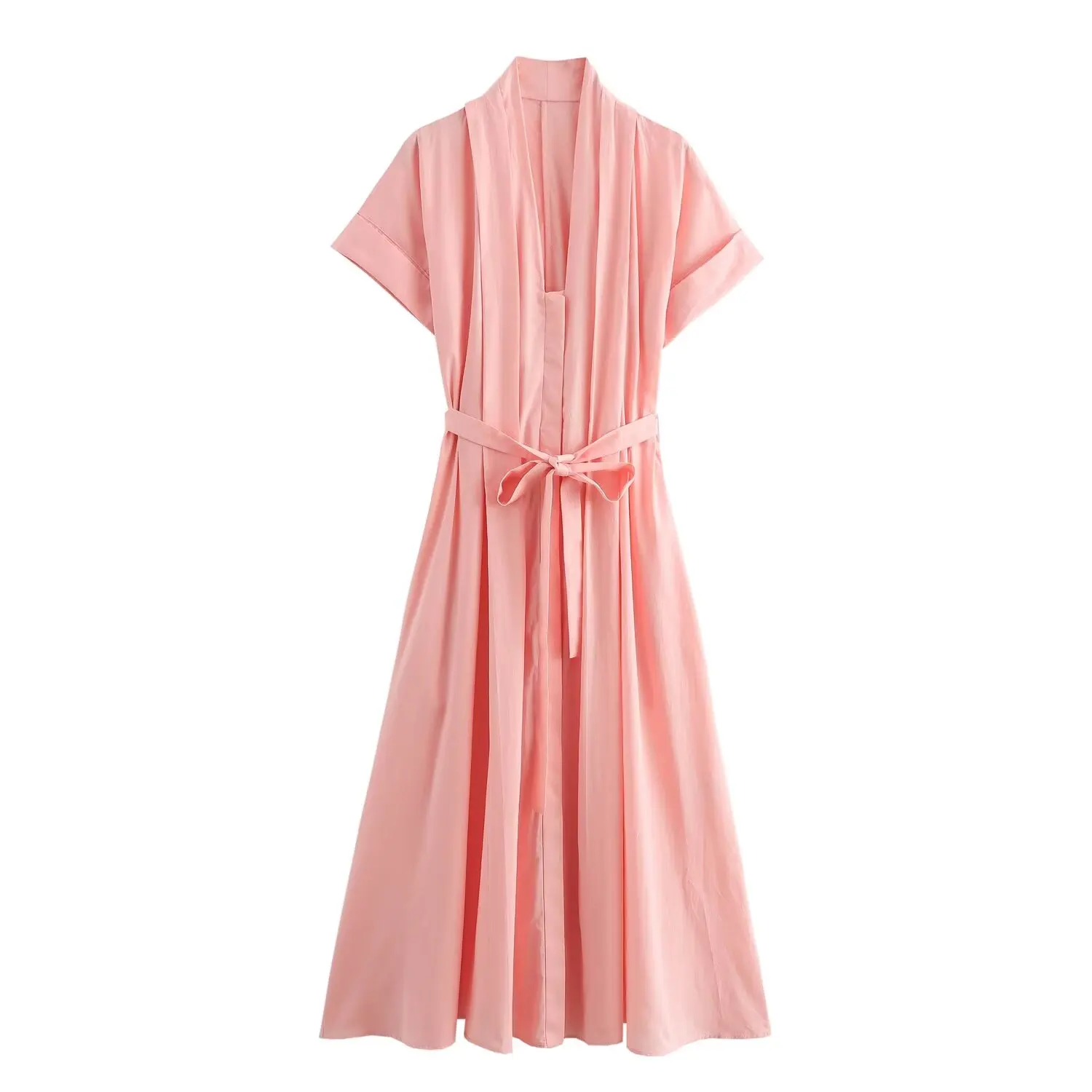 Tangada 2024 Summer Women Solid Pink Pleated Dress With Belt Short Sleeve Ladies Cotton Midi Dress 6X0395