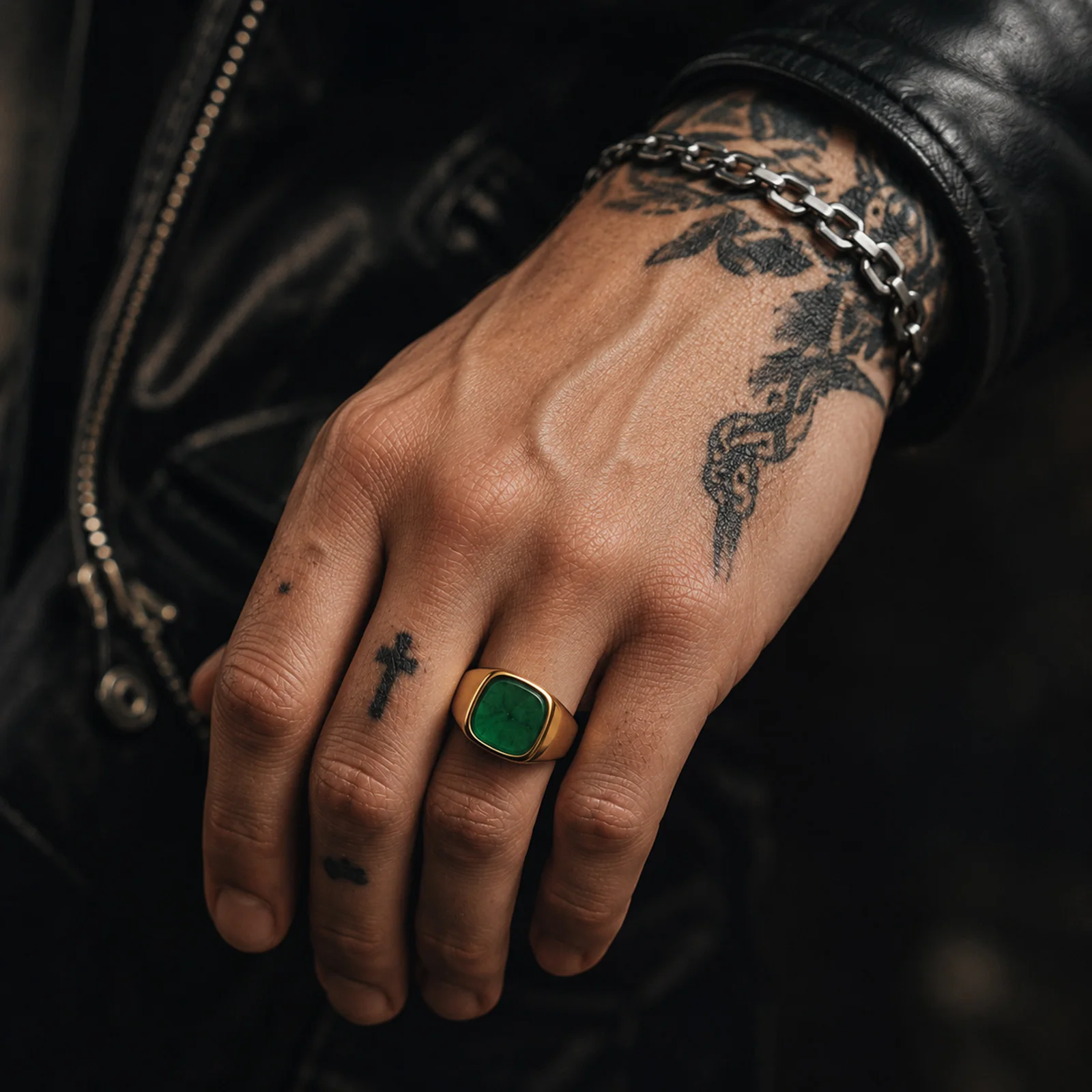 Punk Grüner Naturstein Quadratischer Ring für Männer, Vergoldeter Edelstahl Siegelring, Geburtstagsgeschenk für Ihn Papa – Detail 6