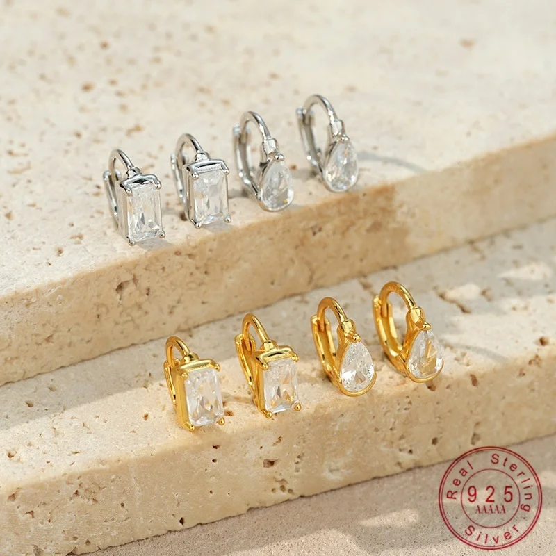 925 Sterling Silver Rectangle & Teardrop Cubic Zirconia Huggie Hoop Earrings for Women Small Hoop Ear Buckle Fine Jewelry