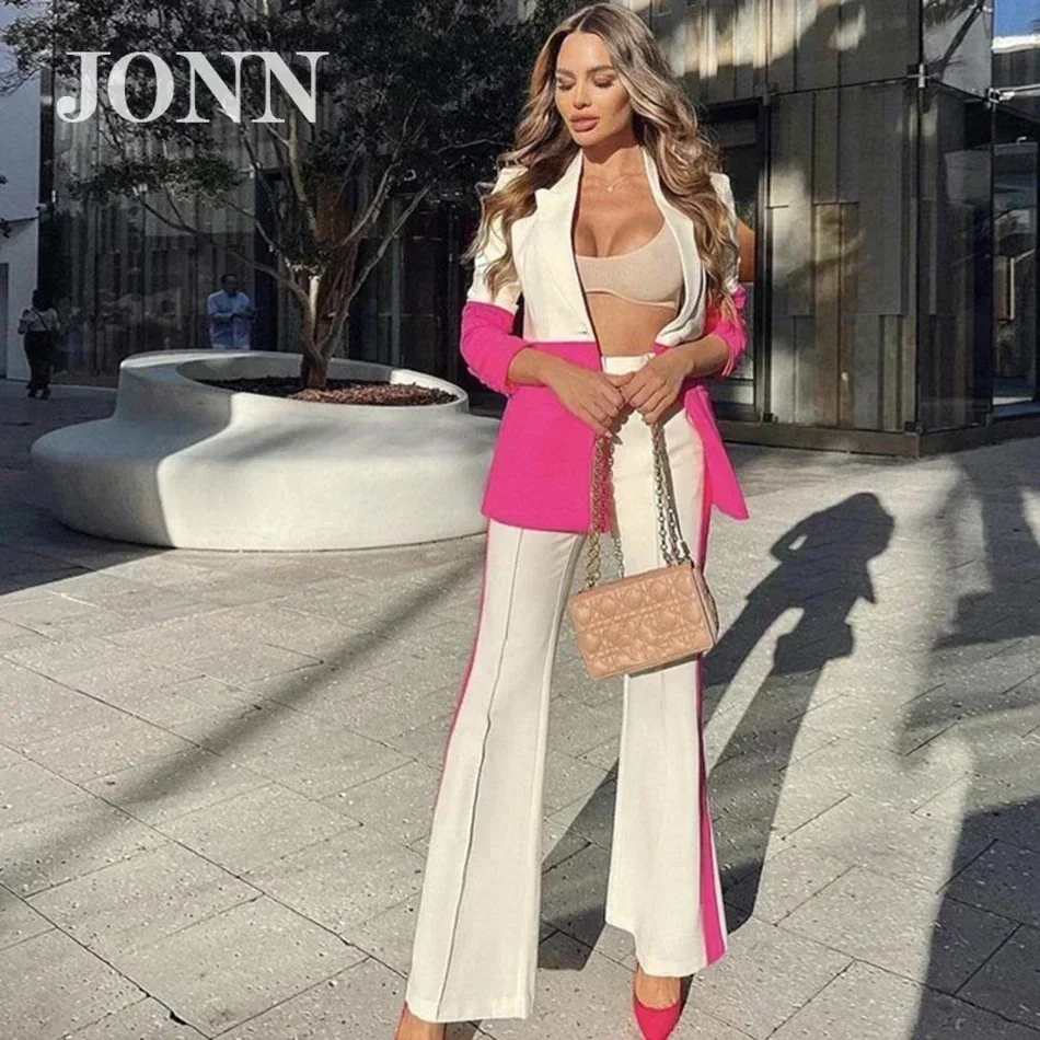 

JONN 2024 High Quality Autumn Fashion Women's 2 Piece Set Sexy Single Button Contrast Color Suit Jacket Flared Pants Slim Set