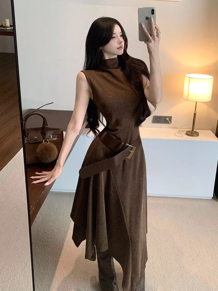 REDDACHiC Sukienka damska typu tank z nieregularnym patchworkiem, koreańska, gładka, codzienna, luźna, z golfem, midi, długa, z falbanami, modna odzież jesienna