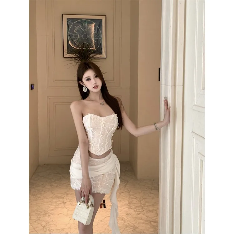 

Spicy Girl Fibone Lace Trim Bustier Top Pure Desire Sexy Bodycon ort Skirt Women's Faion Autumn Winter New Arrival