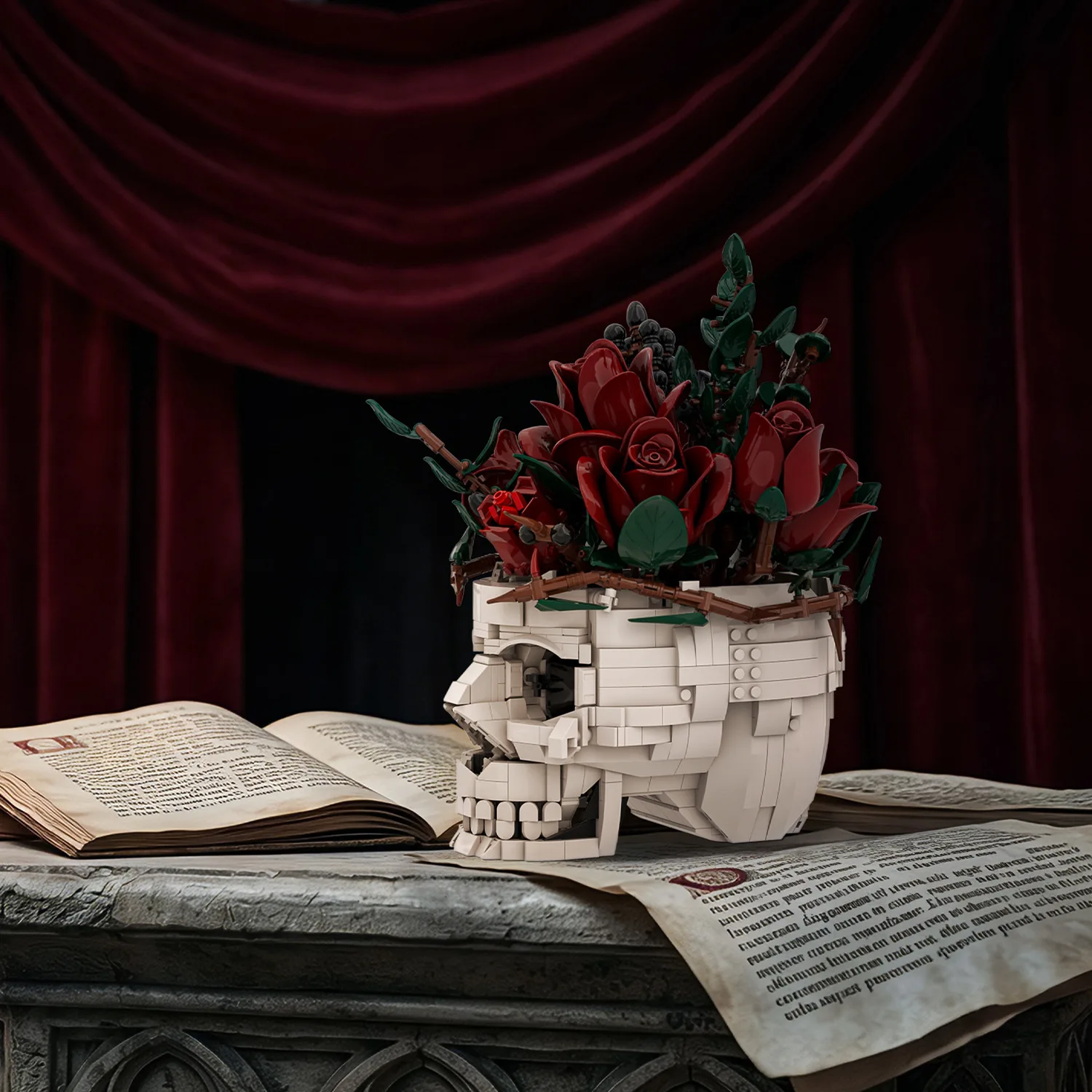 Idea Gothic Baustein Rote Rose Skelett Spielzeug Schädel Blumentopf Konstruktionsbaustein Schreibtisch-Deko Modell-Sets Sammlerstücke für Geschenke – Detail 2