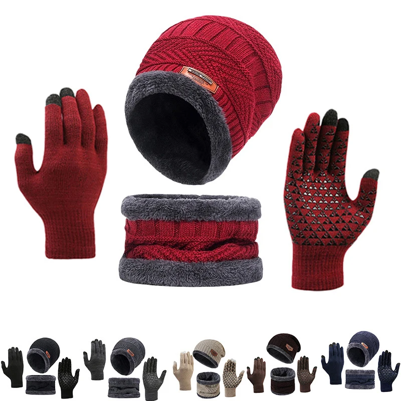 3Pcs/Set Winter Outdoor Sports Riding Knitted Hat Men Women Warm Velvet Hat Scarf Gloves Set Winter Cap Hat Coral Fleece Scarf