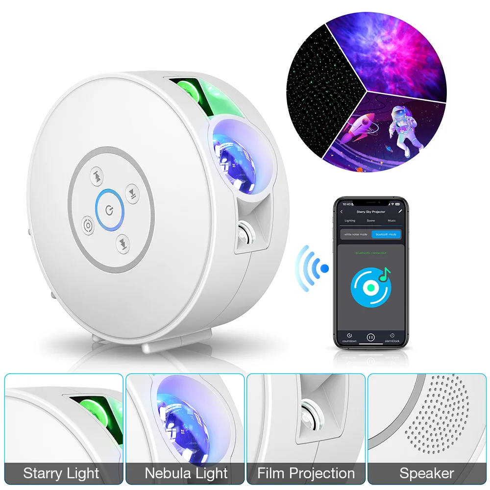 PLT2 Smart Star Projector with Star & Colorful LED Nebula 6 Theme Film Slides bluetooth Speaker White Noise Alarm APP& Voice