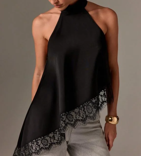 

Top Women 2026 Spring Summer New Fashion Patchwork Lace Hanging Neck Sleeveless Stand Up Collar Irregular Hem Casual Basic Top