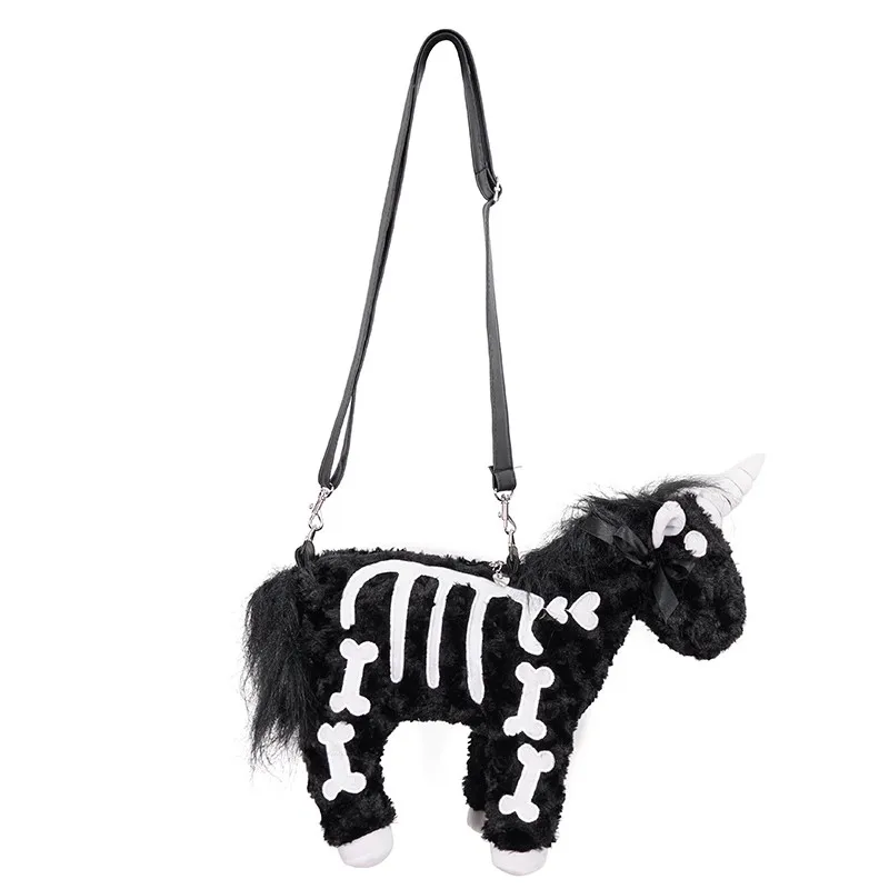 Bolso cruzado gótico de alta calidad para mujer, bandolera Retro Para niña, negro, blanco, Animal esponjoso, Halloween, unicornio, Cosplay