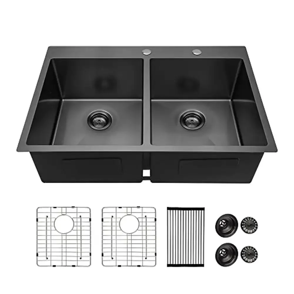 33 Inch Stainless Steel Topmount Gunmetal Black Double Bowl Kitchen Sink Large Volume 16 Gauge Drop In Sink with Unique R10