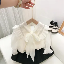 Crianças roupas meninas primavera outono doce pérola chiffon arco camisa boneca camisa fina estilo coreano meninas doce camisa e saia conjunto