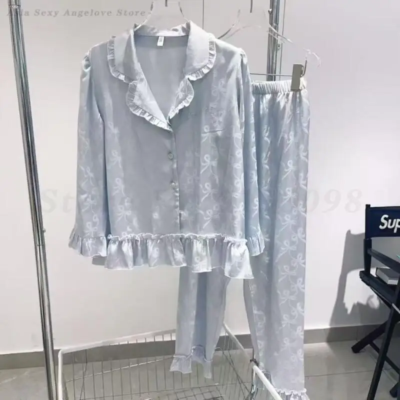 2025 Autumn New Pajama Set Lotus Leaf Edge Jacquard Pyjamas Suit Long Sleeve Shirt&Trouser Sleepwear Women's Sweet Home Clothes