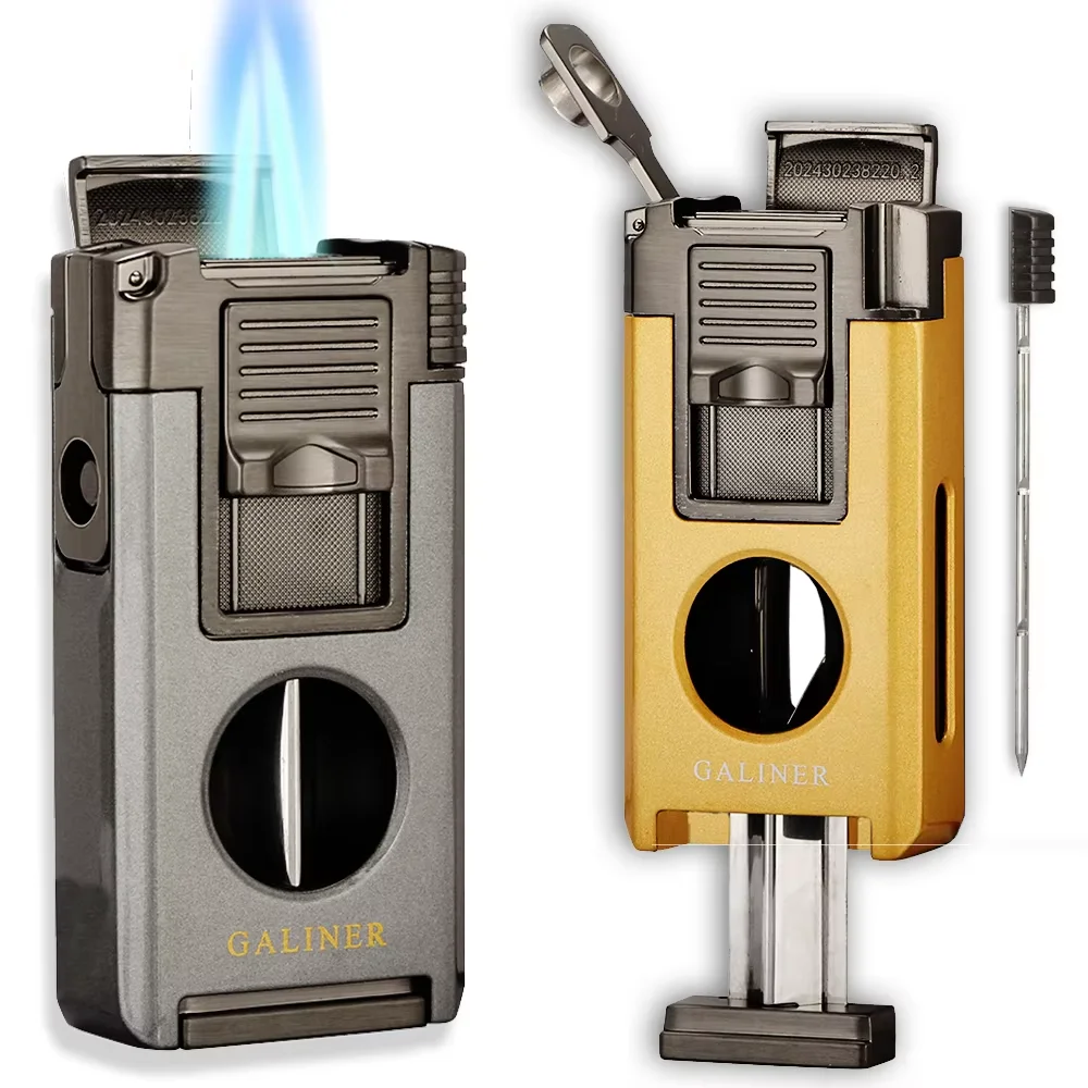 

Зажигалка для сигар GALINER с V-образным резаком-пробойником, портативная газовая горелка на бутане, металлические иглы для прокалывания, держатель для сигар