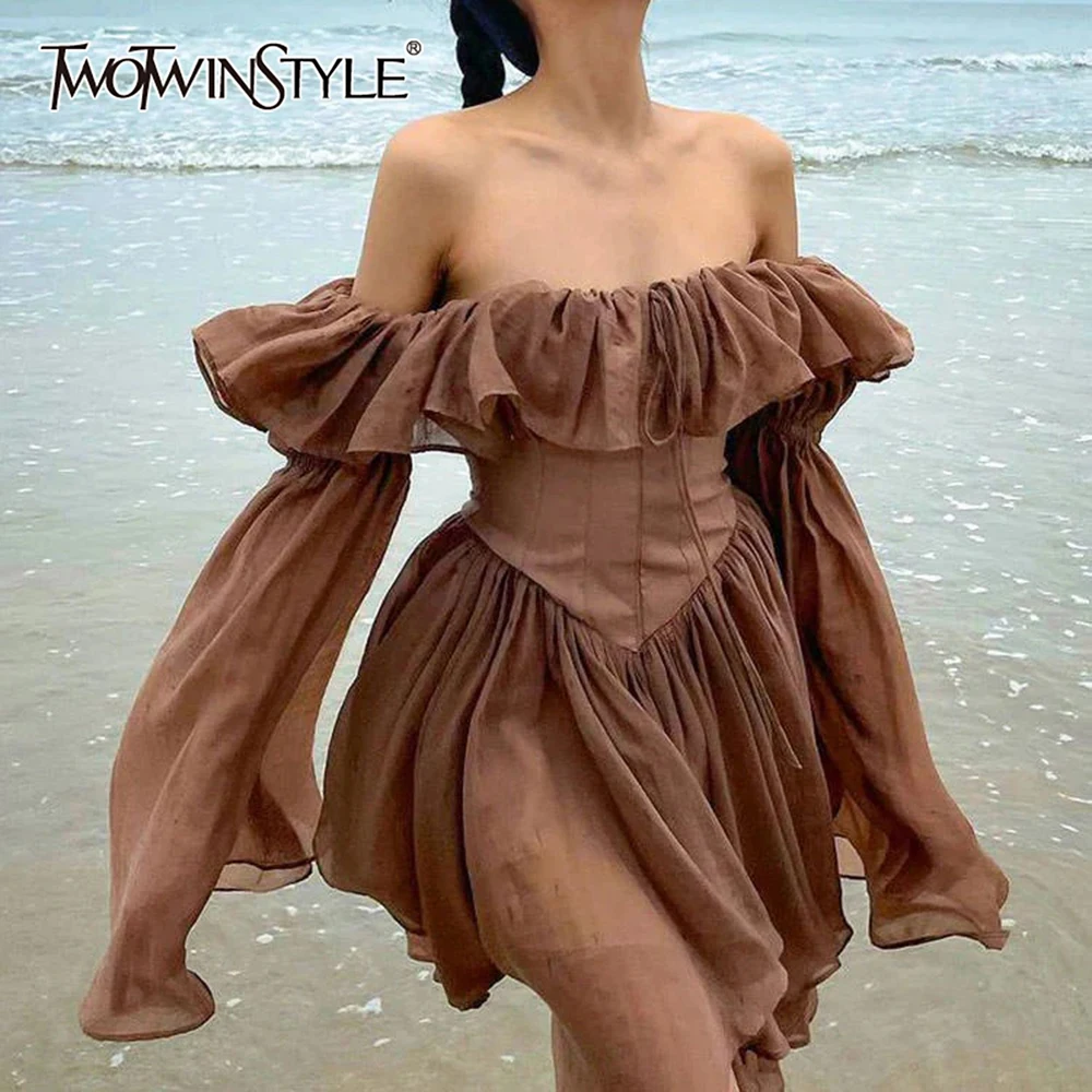 TWOTWINSTYLE Slimming Spliced Ruffles Folds Mini Dresses for Women Slash Neck Long Sleeves Elegant Dress Female Fashion Clothing