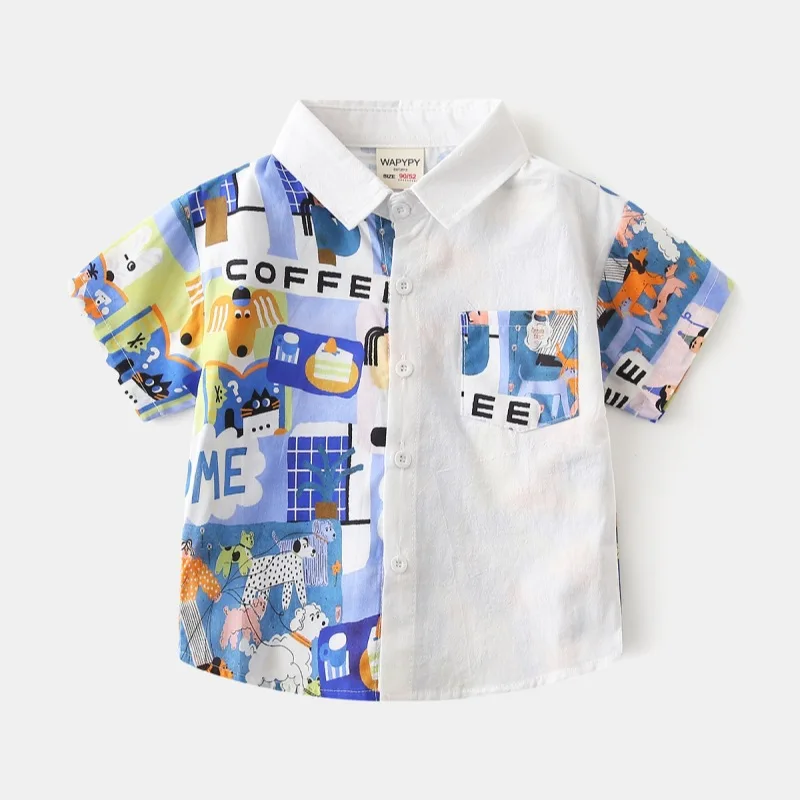 

HoneyCherry Summer New Fashion Boys' Short-sleeve Shirt, Kids' Printed Patchwork Short-sleeve Blouse