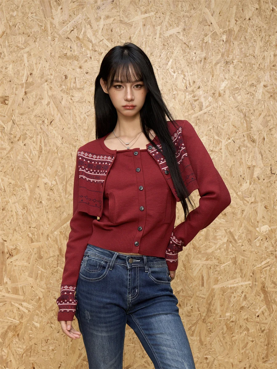 

Red Fair Isle Knitted Open Cardigan Women's Long Sve ort Two-Piece Set Slim Fit Sweater Top ONLPP Spicy Girl Sle