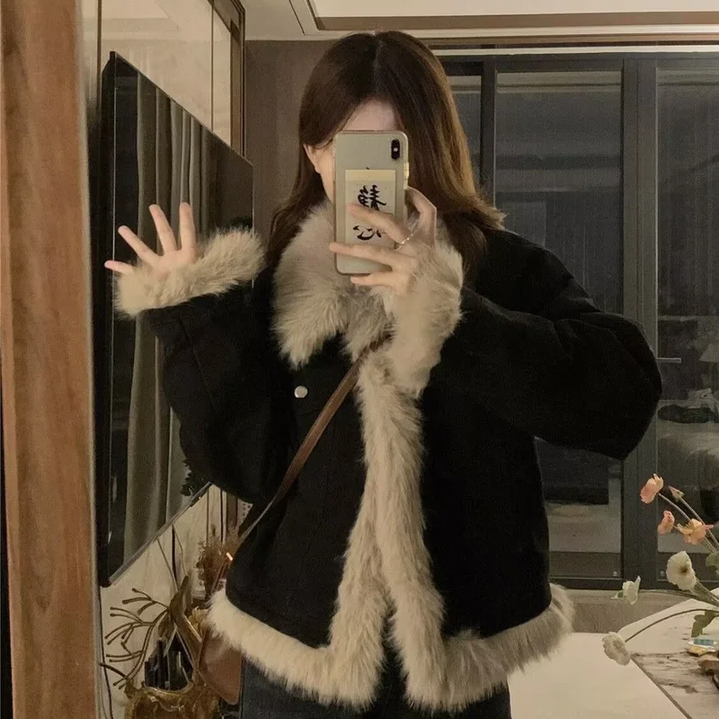 Y2k جماليات معطف الدنيم الأسود الجرونج Fairycore الجينز الفراء سترة 2000s Harajuku معطف الشتاء المرقعة خمر الكورية #2