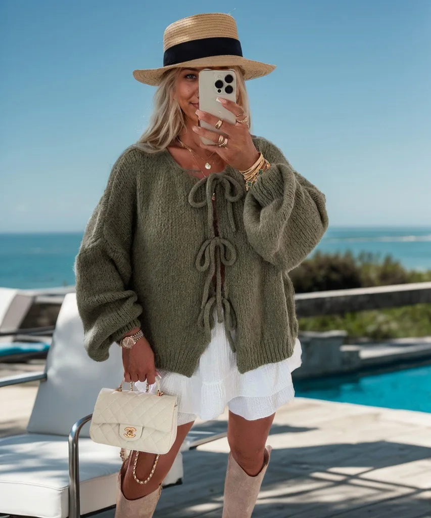 

Women's Tie Front Bow Cardigan Sweaters Chunky Knit Long Puff Sleeve Trendy Fall Winter Jacket Coats