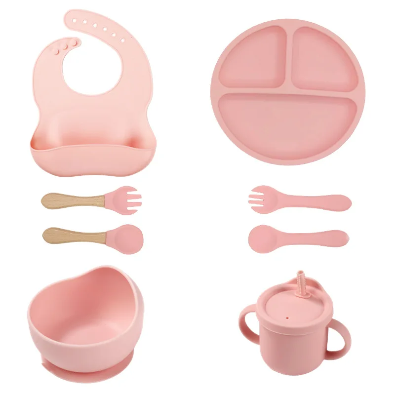 Conjunto de comida infantil, conjunto de 8 peças, feito de silicone, prato de jantar infantil, bib, ventosa, colher, impermeável, copo de bebida de aprendizagem