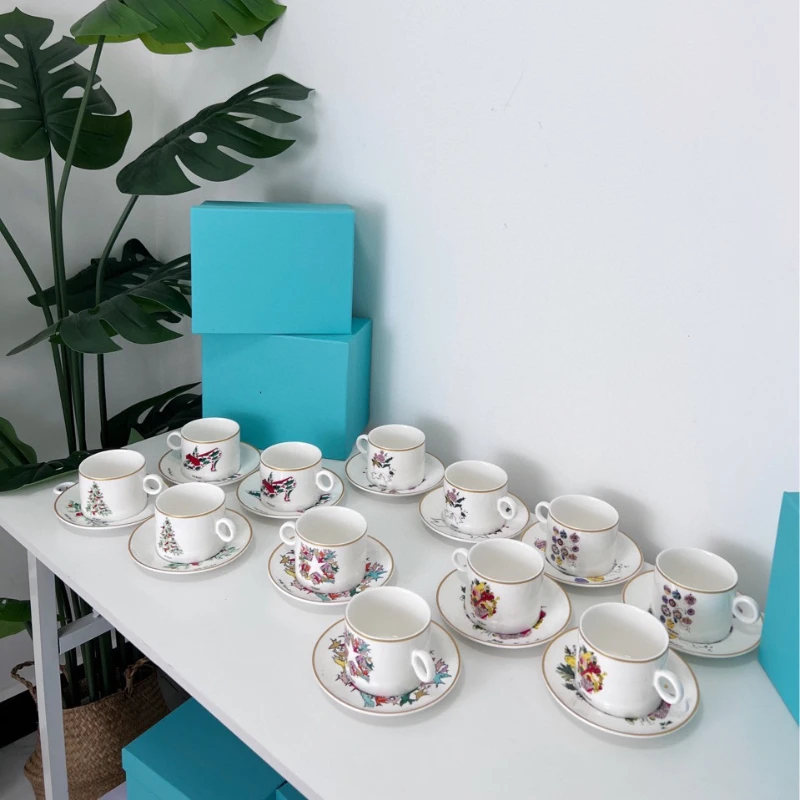 

European Sky Blue Bone China 2 Cups 2 Plates Coffee Cup Plate Coffee Milk Cup Daily Drinking Water Household Ceramic Tea Cup