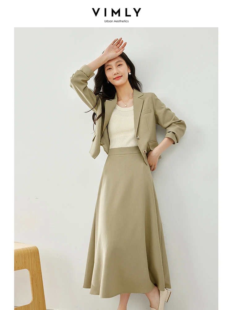 Vimly Spring Women\'s Suit Short Lapel Blazer Midi Skirt Office Lady Two Piece Set 2024 Elegant Matching Sets Clothing M5799