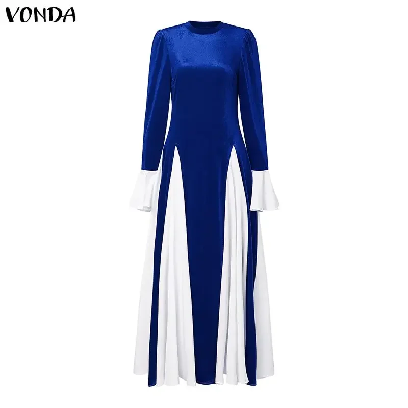 Eleganckie zimowe sukienki damskie VONDA z długim rękawem, welurowe sukienki wieczorowe na przyjęcia, patchworkowe jesienne długie suknie maxi, damskie suknie ślubne Vestido