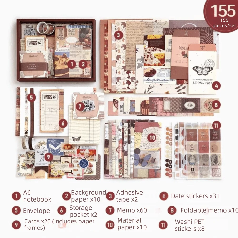 

155Pcs/set Thickened Handbook Gift Box Set Exquisite Literary Vintage Notebook Set Landscape Decoration Washi Tape
