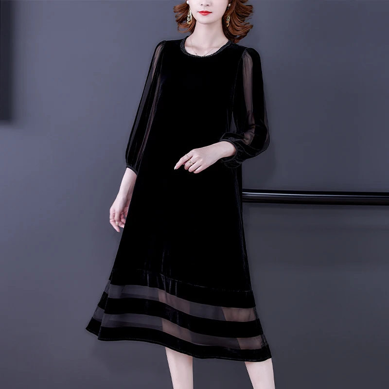 

Female Black Velvet Loose Maxi Dress Autumn Winter Korean Vintage Mesh Patchwork Sexy Dress 2022 Elegant Casual Evening Vestidos