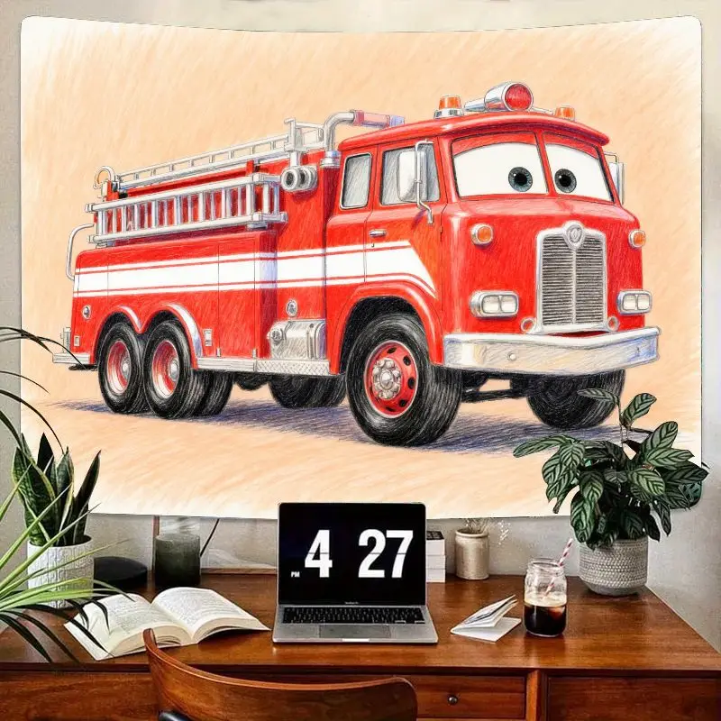 

1 шт. милый мультяшный красный гобелен с пожарной машиной, настенное искусство для детской комнаты, настенное искусство из полиэстера для декора спальни для мальчиков и подарок на день рождения