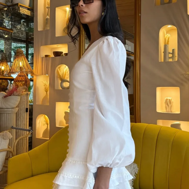 2025 Summer Women Corset Tiered Ruffle Mini Dress Y2K White Long Sleeve V Neck Layerred Single Breasted Boho A-line Dress