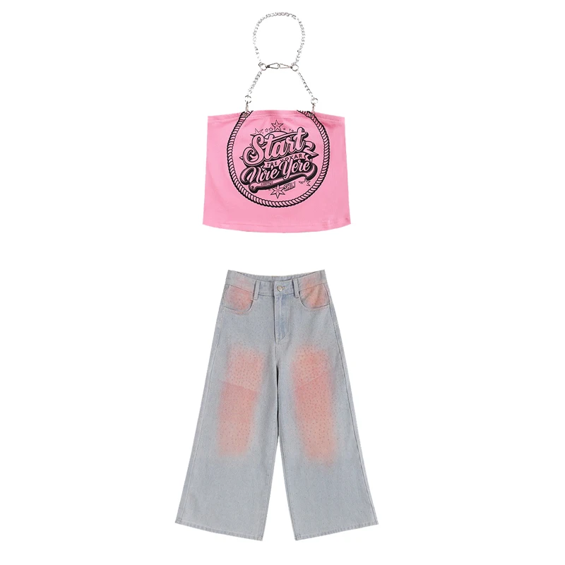 Costumes de danse Hip Hop pour enfants, 2025, pour filles, gilet rose, jean, tenues Kpop, vêtements de spectacle Jazz pour enfants, DQS19775
