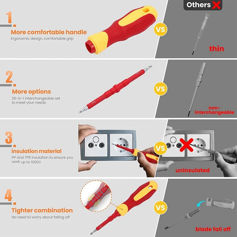 1 Satz isolierter Elektriker-Schrauben dreher mit magnetischen Armband werkzeugen 1000V Metall für Männer ph geschlitzte Torx-Sechskant-Vierkant bohrer