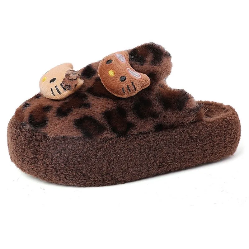 

Thick soled Hello Kitty cartoon fur slippers for women in winter, new leopard print thick soled cotton slippers for home use