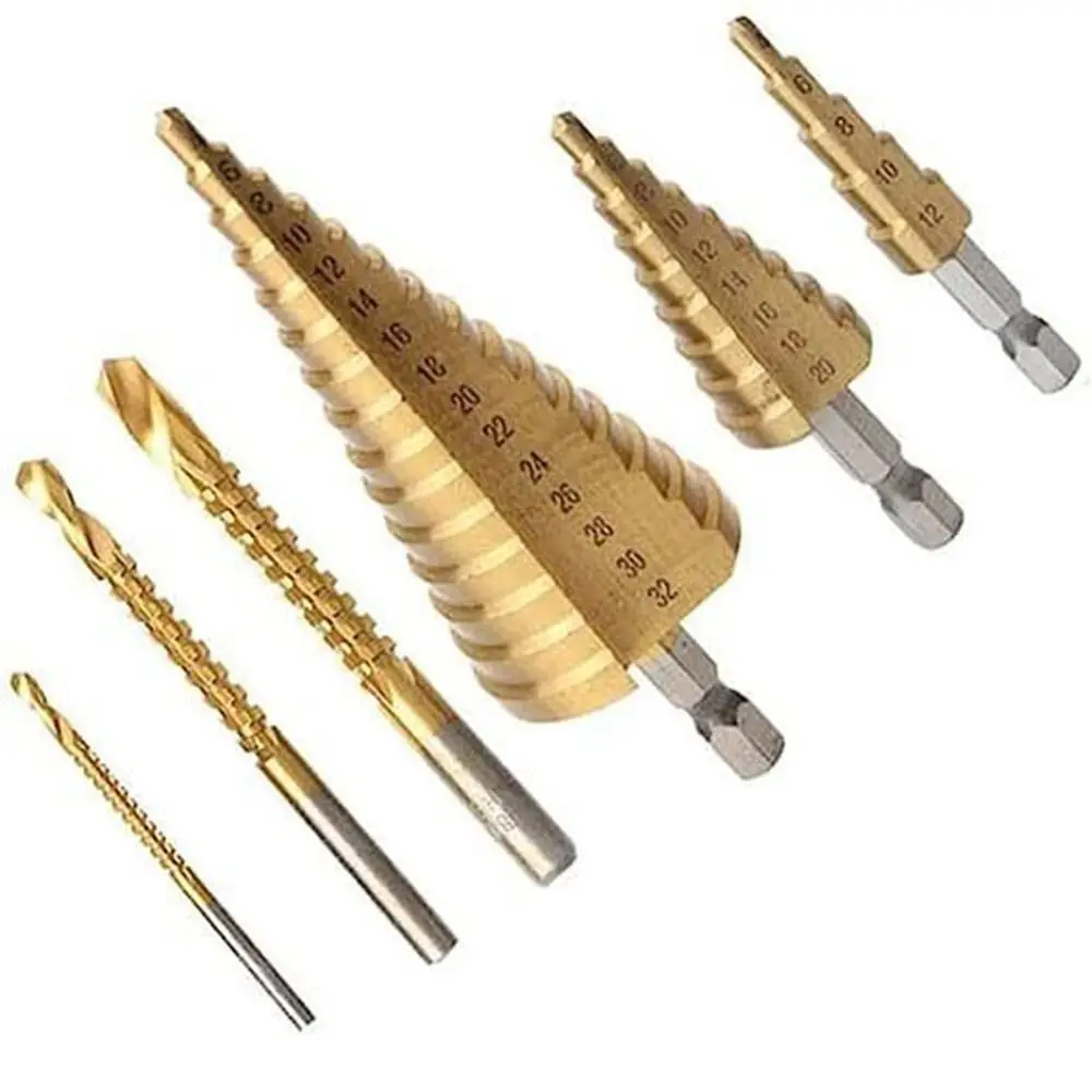 3-12/4-20/4-32mm段付きコーン型ドリル、3/6/8mm六角メタルホールカッター、HSS耐久性のある穴あけ工具、プラスチックシート用