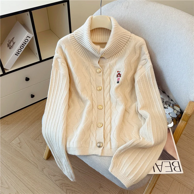 

Thiened шерстяной вязаный свитер Fce, женский зимний теплый отложной воротник, вышитый витой цветочный дизайн, милый длинный длинный свитер...