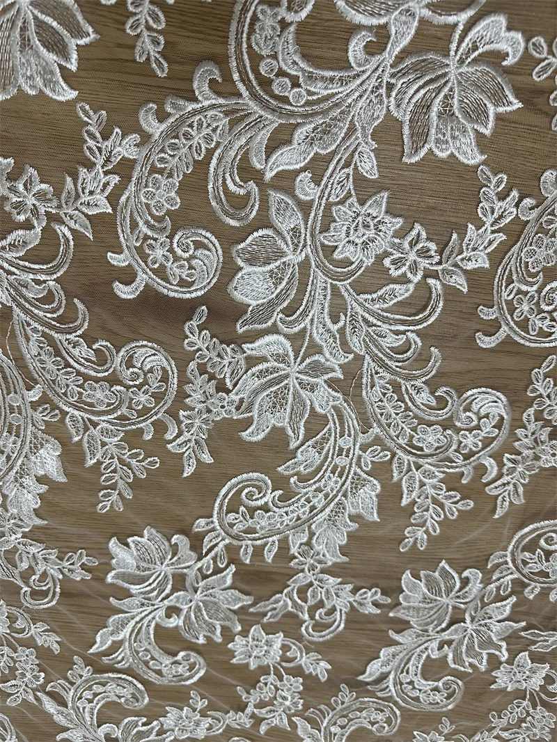 Super Hot Off White Embroidery Lace Fabric High Quality Mesh French Chantilly Guipure Lace Fabric 1 Yard