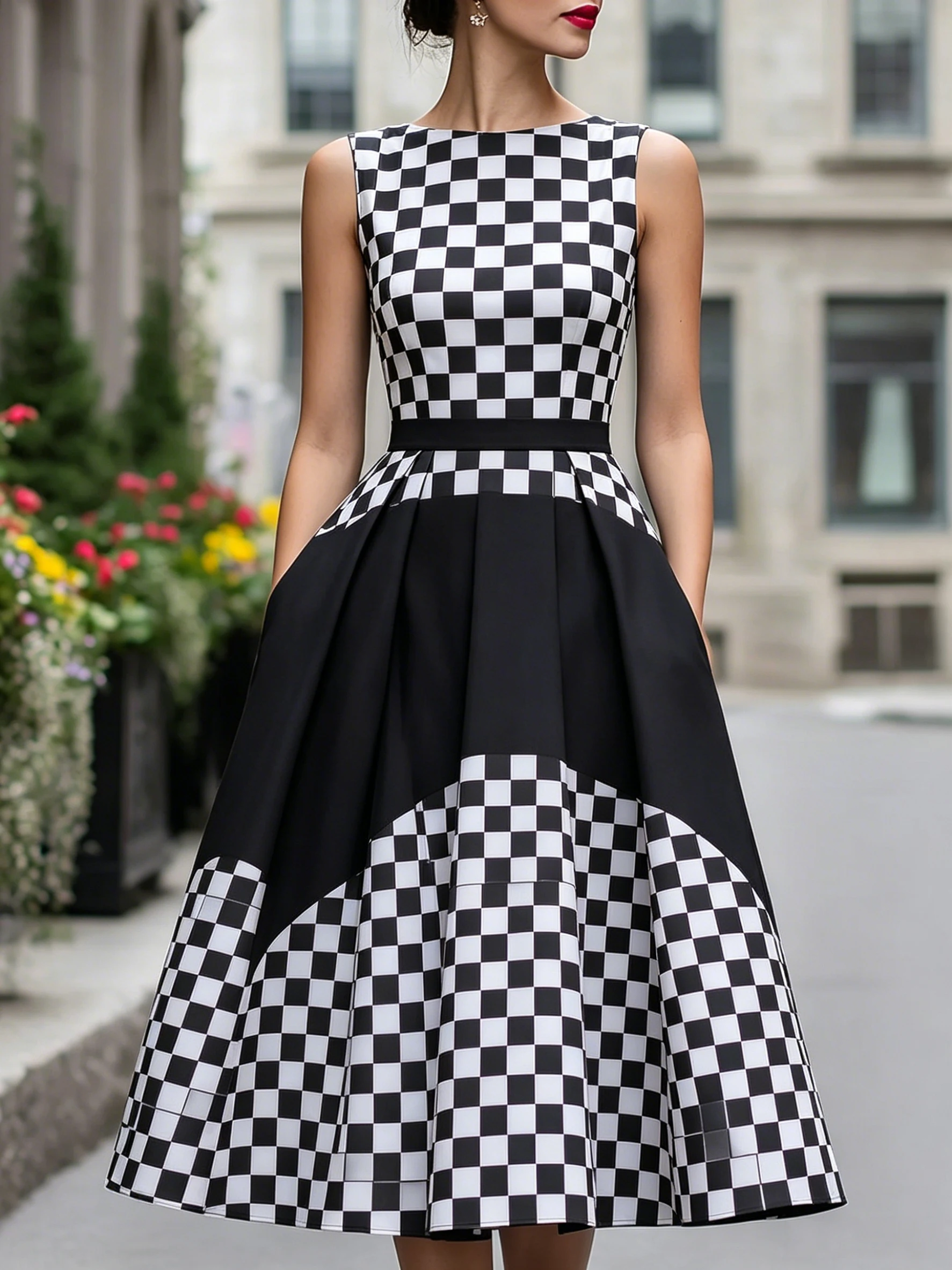 

Elegant Checkerboard Printed Dress with Classic Chic Vintage Sleeveless A-Line Midi Dress for Formal Casual Occasions Dress