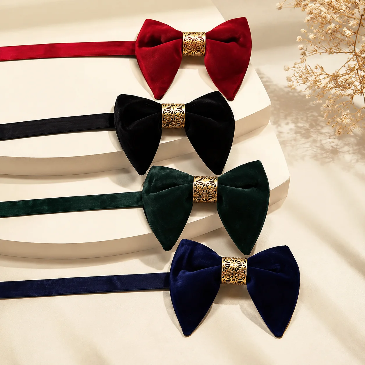 Vintage Large Horn-Shaped No-Tie Bow Tie with Gold Hollow Metal Decoration, Polyester, Black, Red, Multi-Color, Men's Groom Wedding Dinner Party Host Formal Wear Suit Accessories