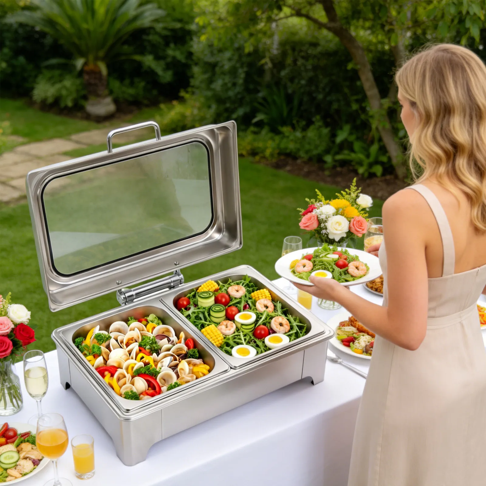 Electric Buffet Server 110V 400W, 9.5Qt Stainless Steel Chafing Dish, 2 Rectangular Pans & 9-Gear Adjustable Temp 35-80°C, for Catering Banquet, US Plug