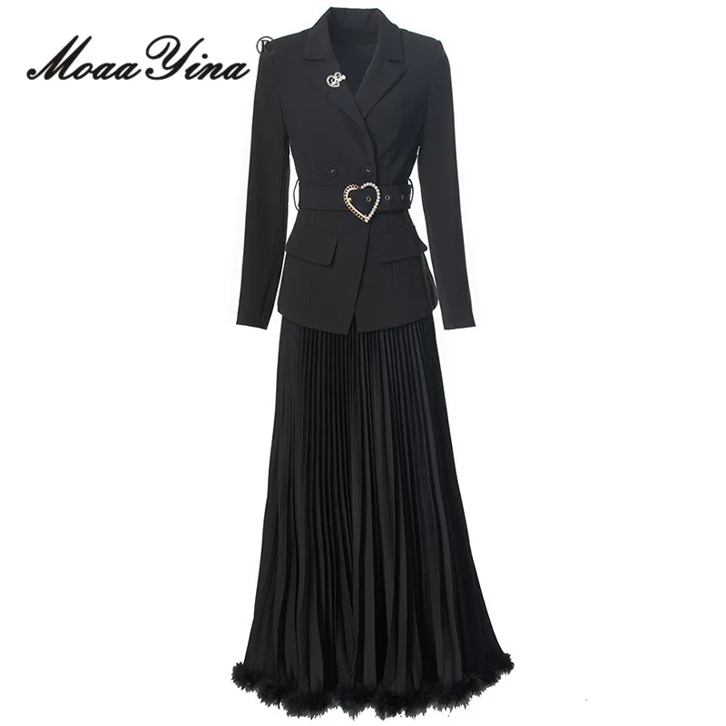 

MoaaYina Fashion Western Style Double Breasted V-Neck Notch Top+Waist Belt Pleated Feather Skirt Two-Piece Set