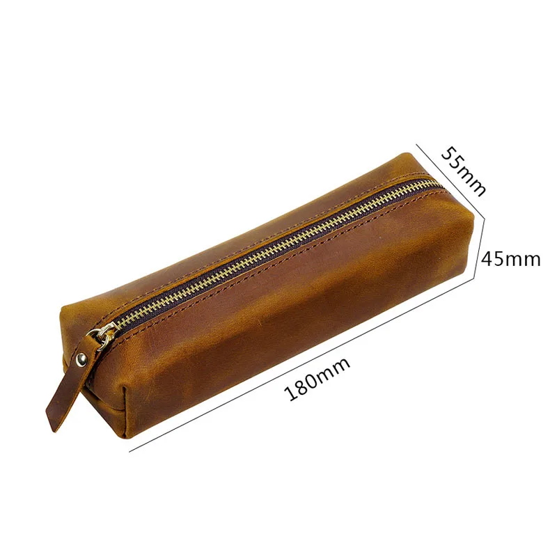 Handmade Leather Pen Storage Bag Men\'s Leather Zipper Pen Bag Student Pencil Case Simple Large-capacity Stationery Bag