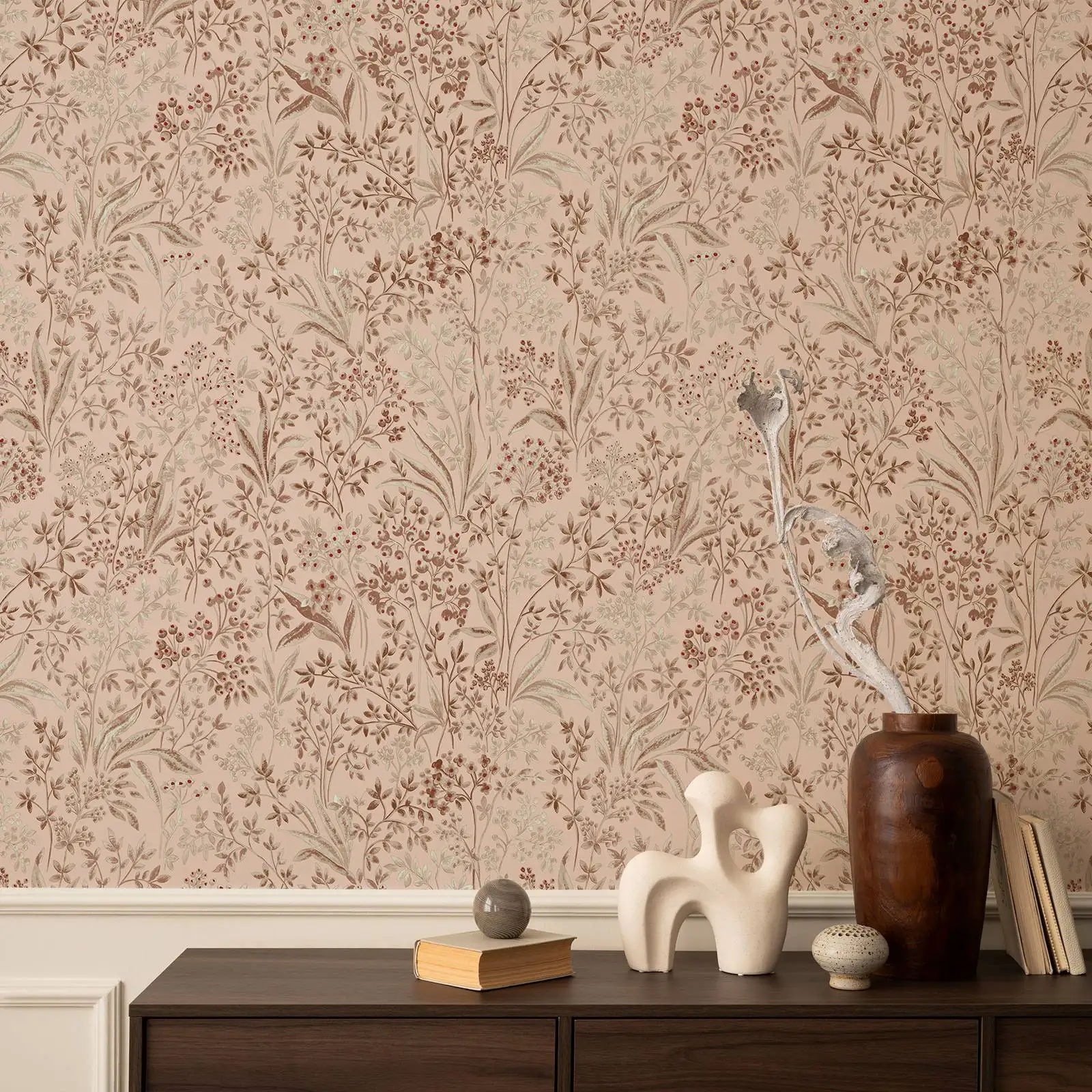 Watercolor Painted Nocturne wallpaper with Botanic Branches and Leaves with dusty pink back