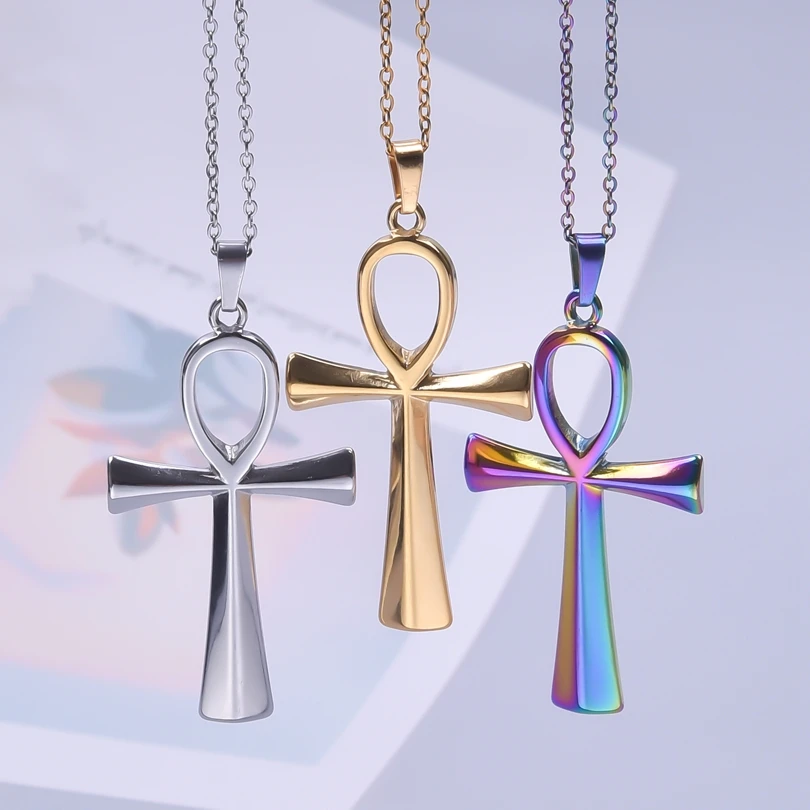 GLOWCAT Ancient Egypt Anke Cross Pendant Necklaces For Women Men Accessories No Fade Simple Stainless Steel Necklace Choker Gift