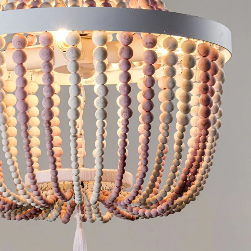 Bohemian Style Ceiling Lamp Pastoral Wooden Bead Design Chandelier Living Room Light Dining Room Bedroom Light Girl Room Decor