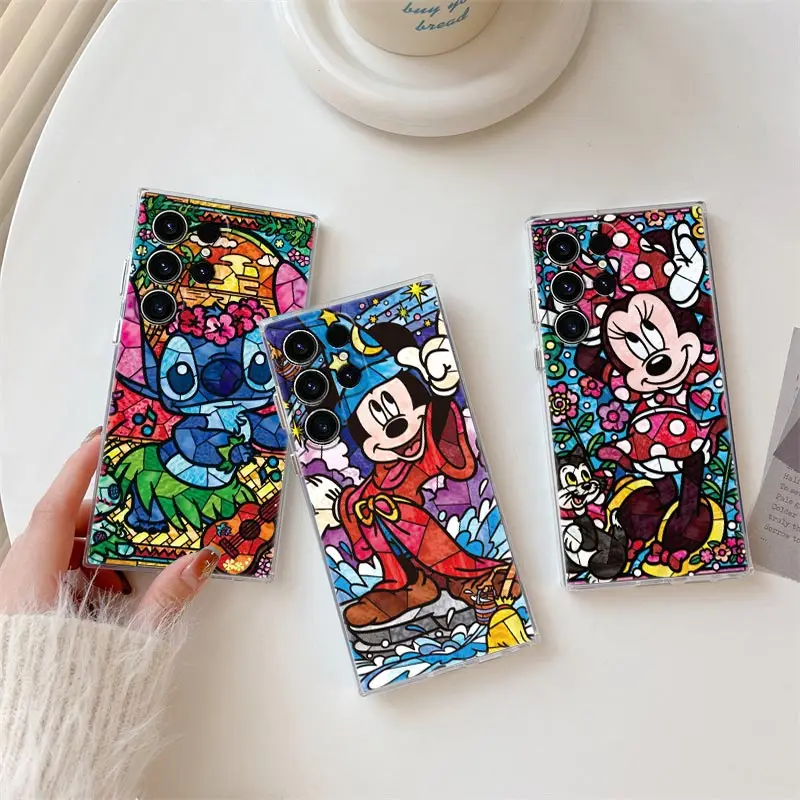 Disney Stained Painting Minnie Mickey Phone Case For Samsung Galaxy S24 S25 S23 S21 Ultra S20 FE S22 Plus A35 A55 5G Clear Cover